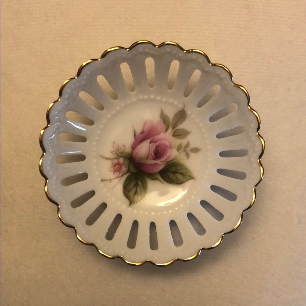 Vintage Volkstedt China Rose Ring Dish with Gold Trim